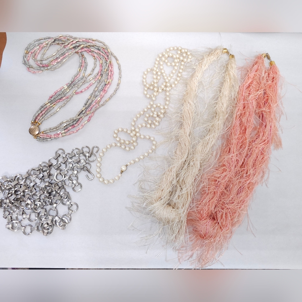 Vintage Jewelry Lot Faux Pearl Artisan Fringe Beaded Necklaces Pink & Cream